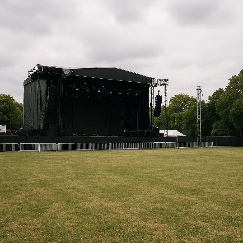 A festival venue with a closed stage and empty lawn seating