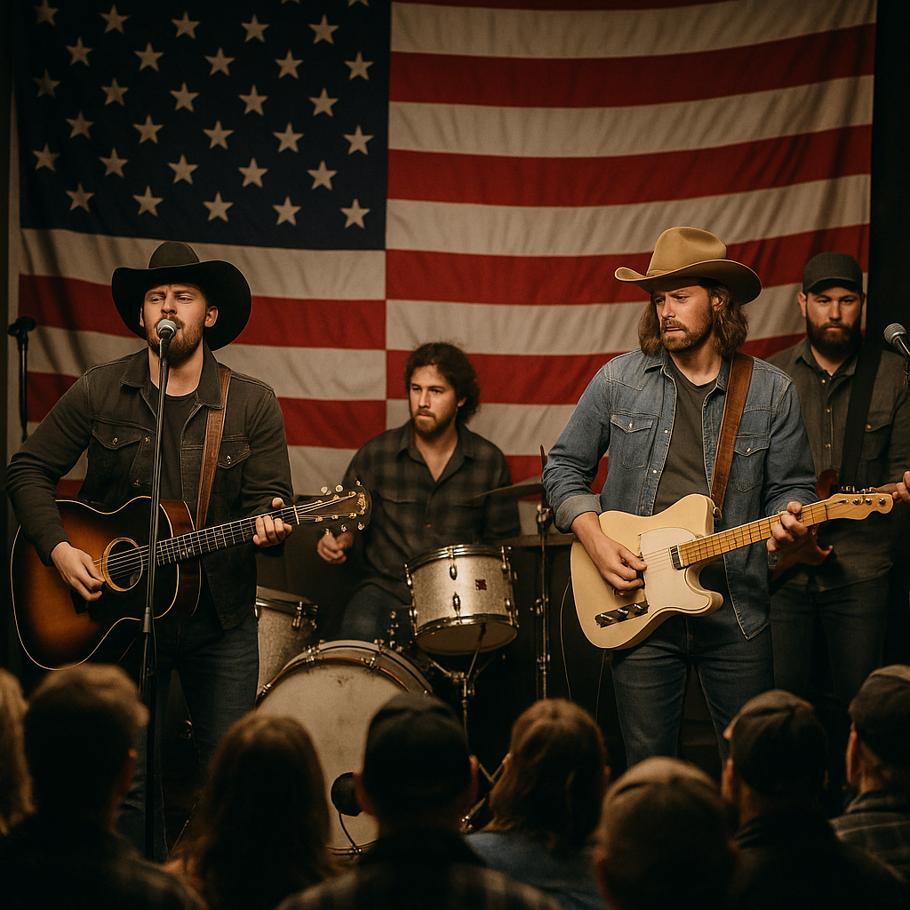 A photo of Kid Rock performing on stage with an American flag prominently displayed
