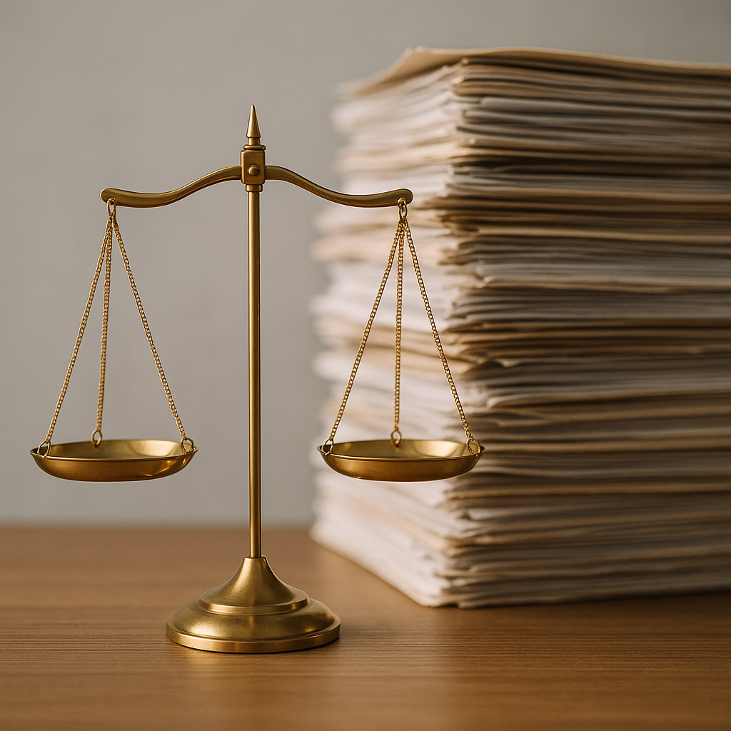 Visual representation of justice scales against a backdrop of documents
