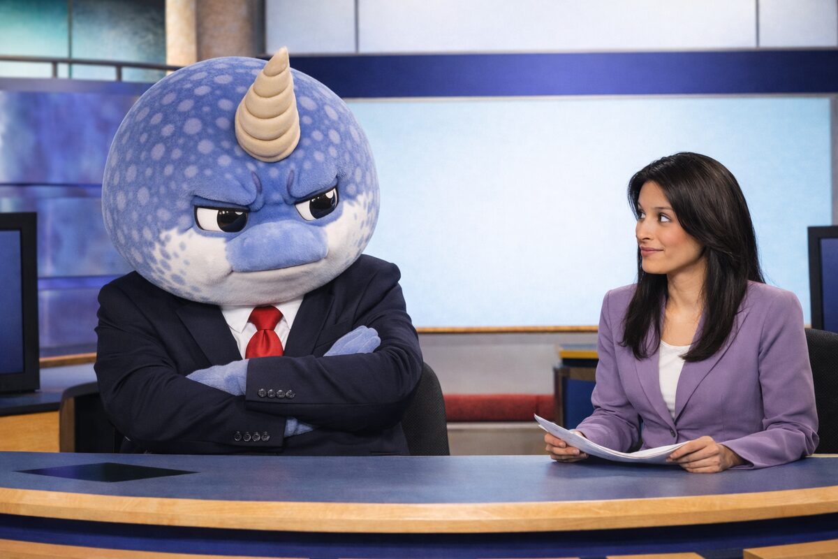 Narwhal Cronkite looking grumpy at the news desk