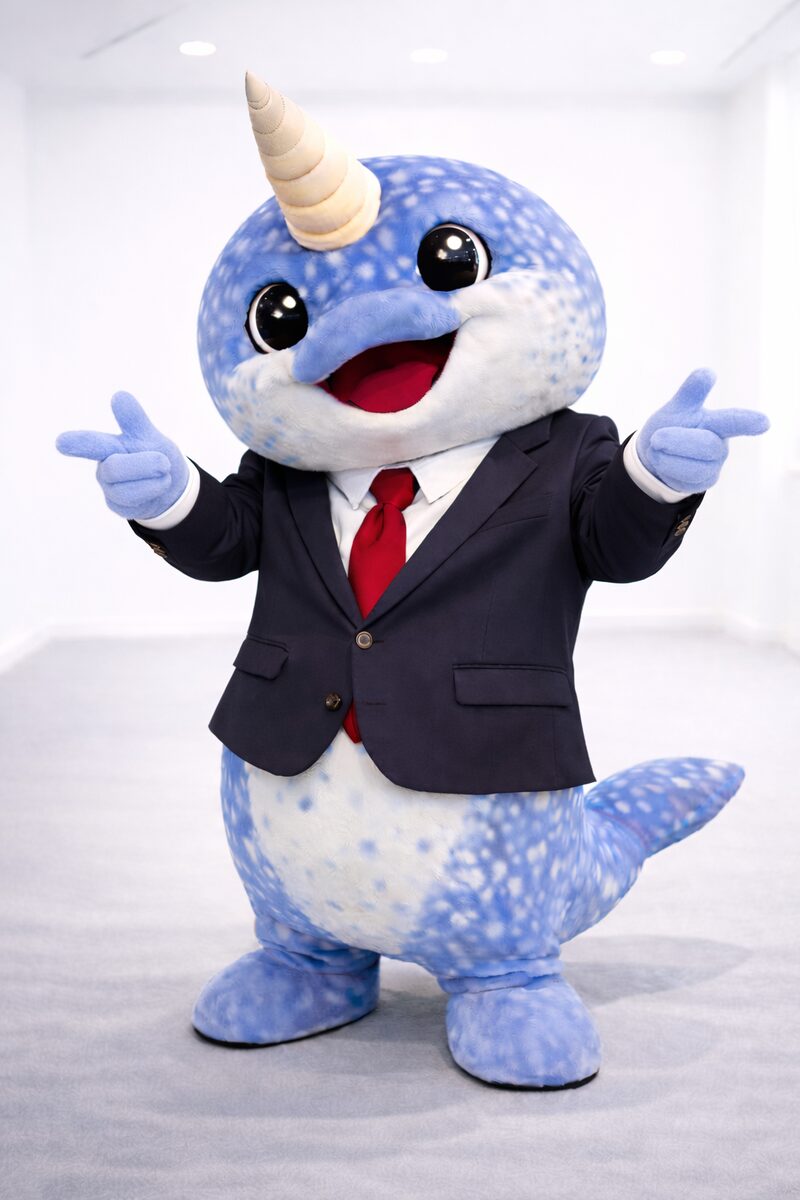 Narwhal Cronkite in his signature suit with arms spread wide