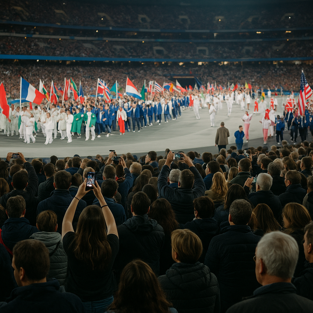 Wide-angle shot of the San Siro Stadium filled with spectators during the Winter Olympics opening ceremony