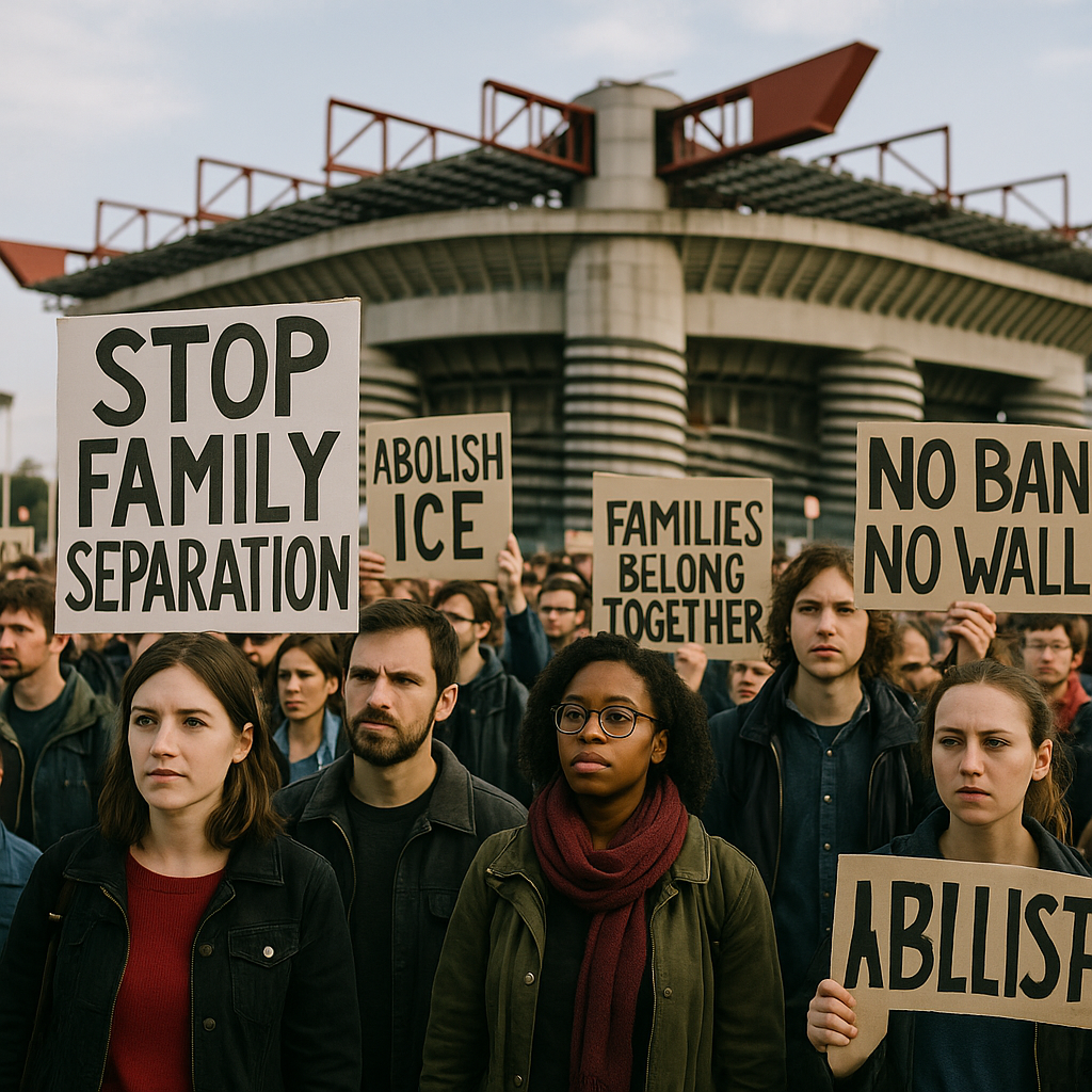 Protestors carrying banners against U.S. immigration policies and ICE agents, outside San Siro Stadium in Milan