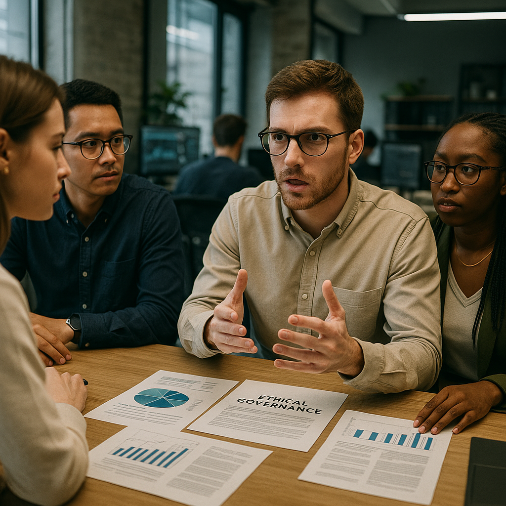 A group of tech workers discussing corporate ethics in a modern office setting