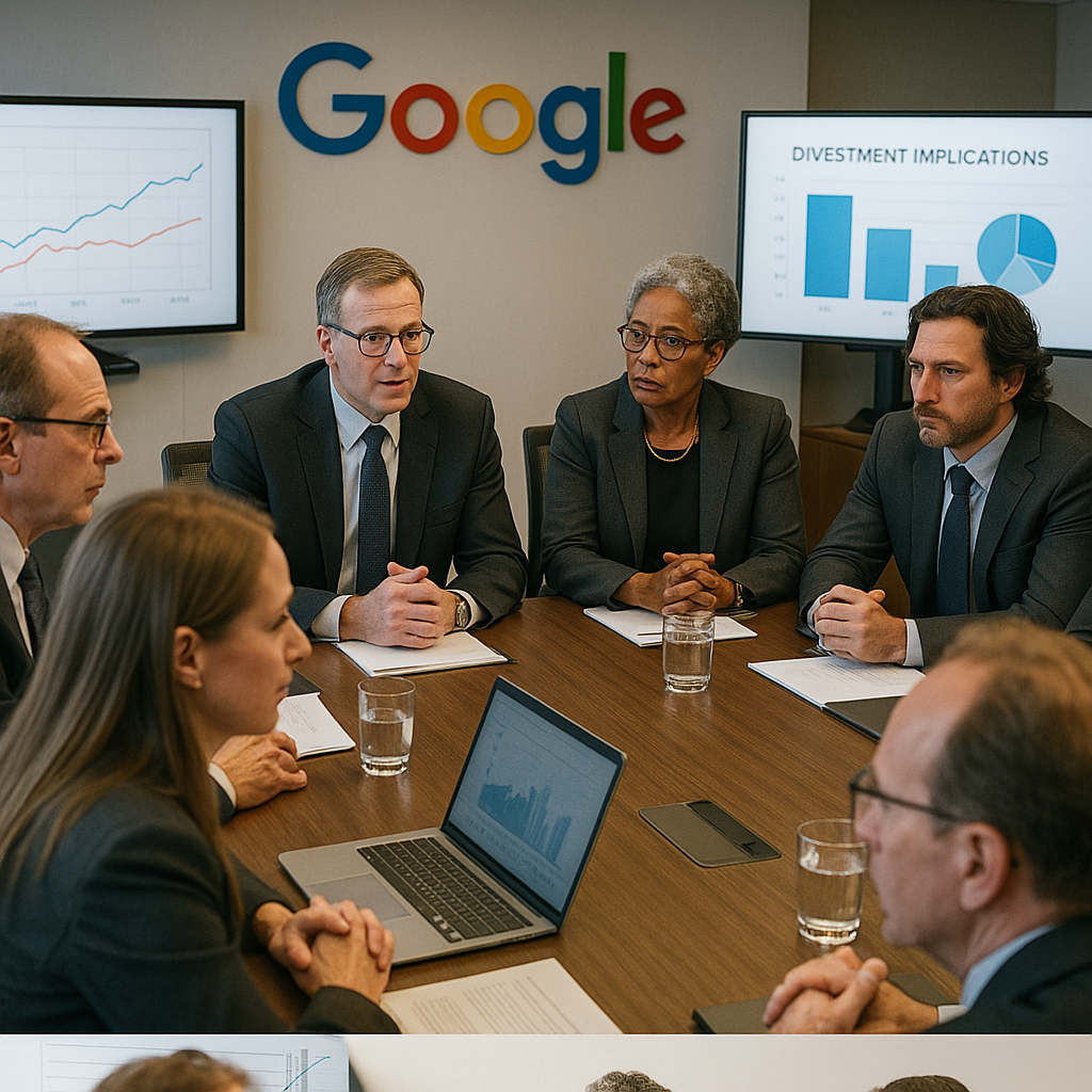 A meeting scenario between Google executives and ethical advisors discussing divestment strategy