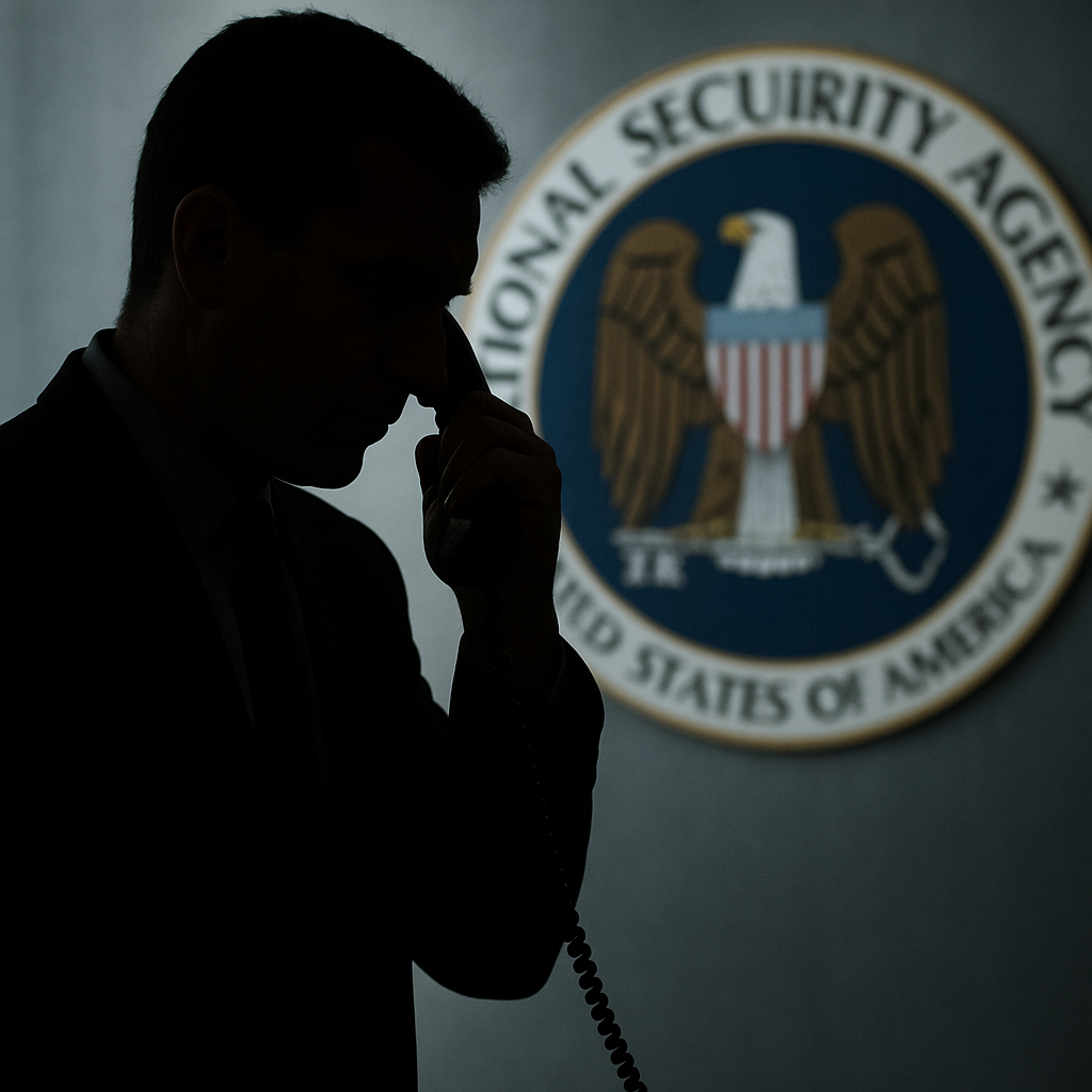 A silhouetted figure speaking on a secure phone, with a backdrop of the NSA logo