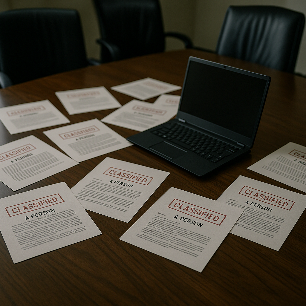 A boardroom table with documents bearing “Top Secret” stamps scattered around