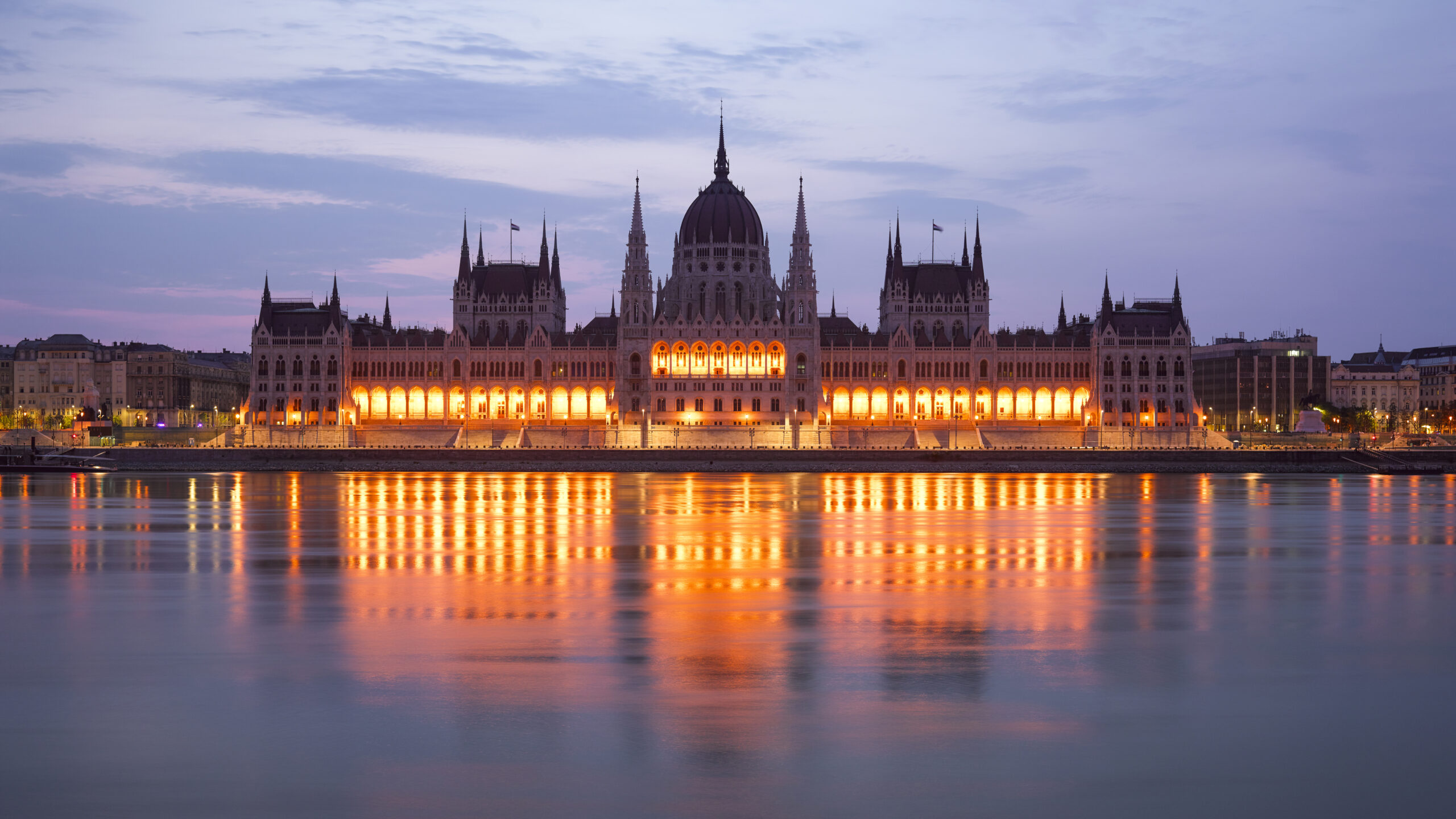 Hungarian Parliament building illuminated at dusk