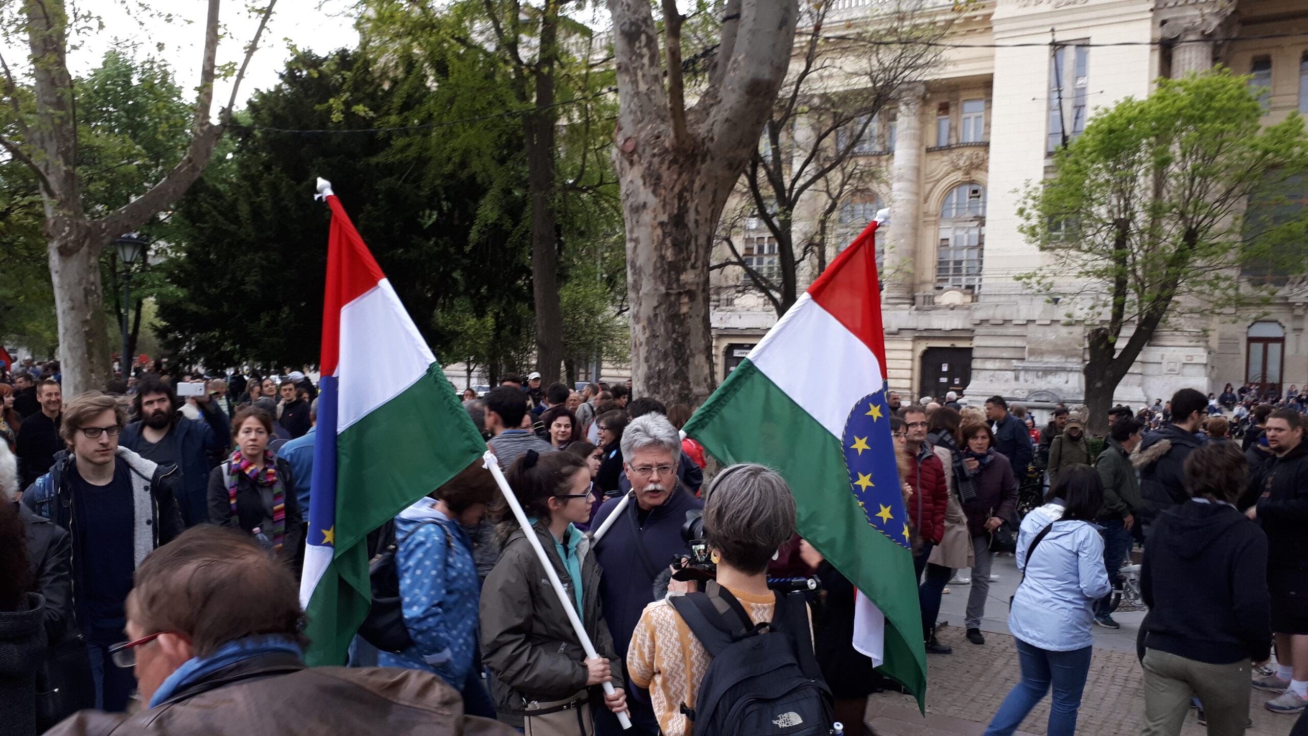 Protesters waving EU flags outside a government building in Hungary
