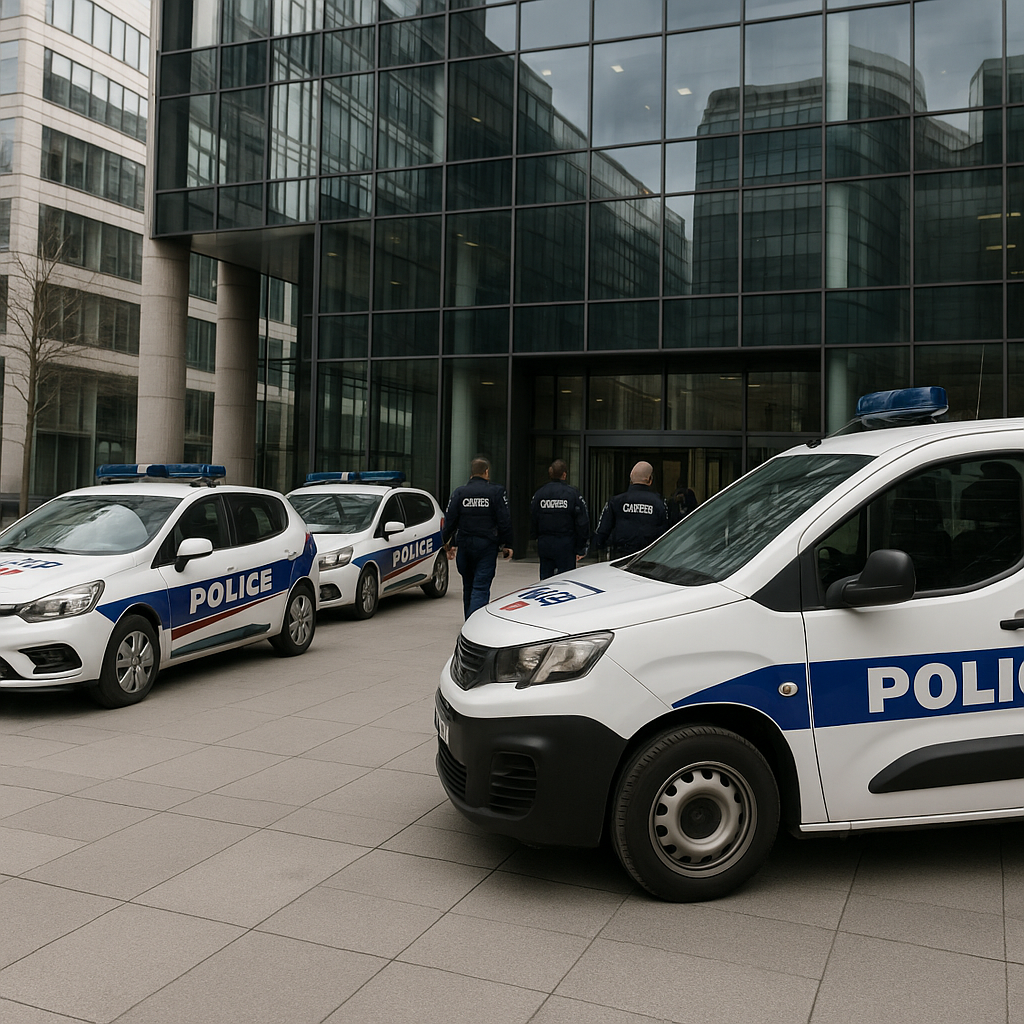 Police vehicles outside a corporate office building in Paris