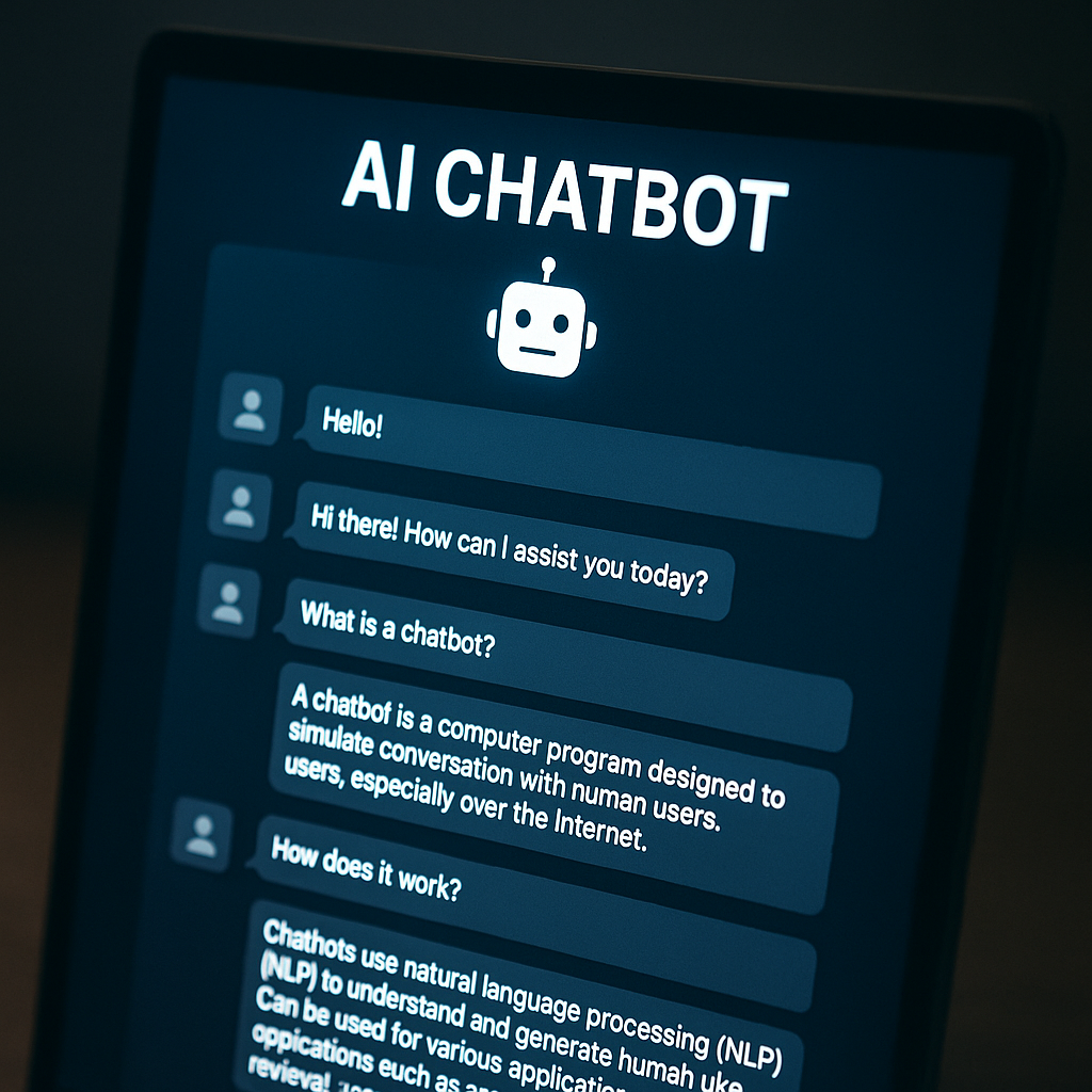 A stylized representation of an AI chatbot interface on a glowing digital screen