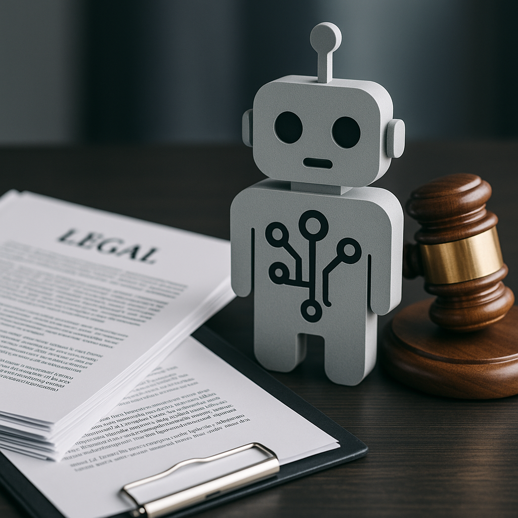 Legal documents with a gavel and an AI robot figure in the background to symbolize AI laws