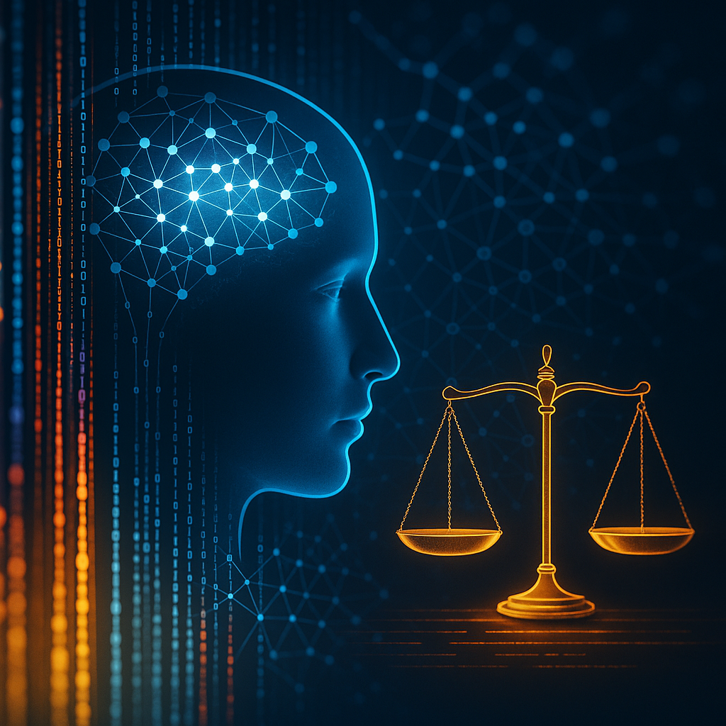 A symbolic AI graphic with complex neural nets and data streams, pointing toward ethical dilemmas in technology