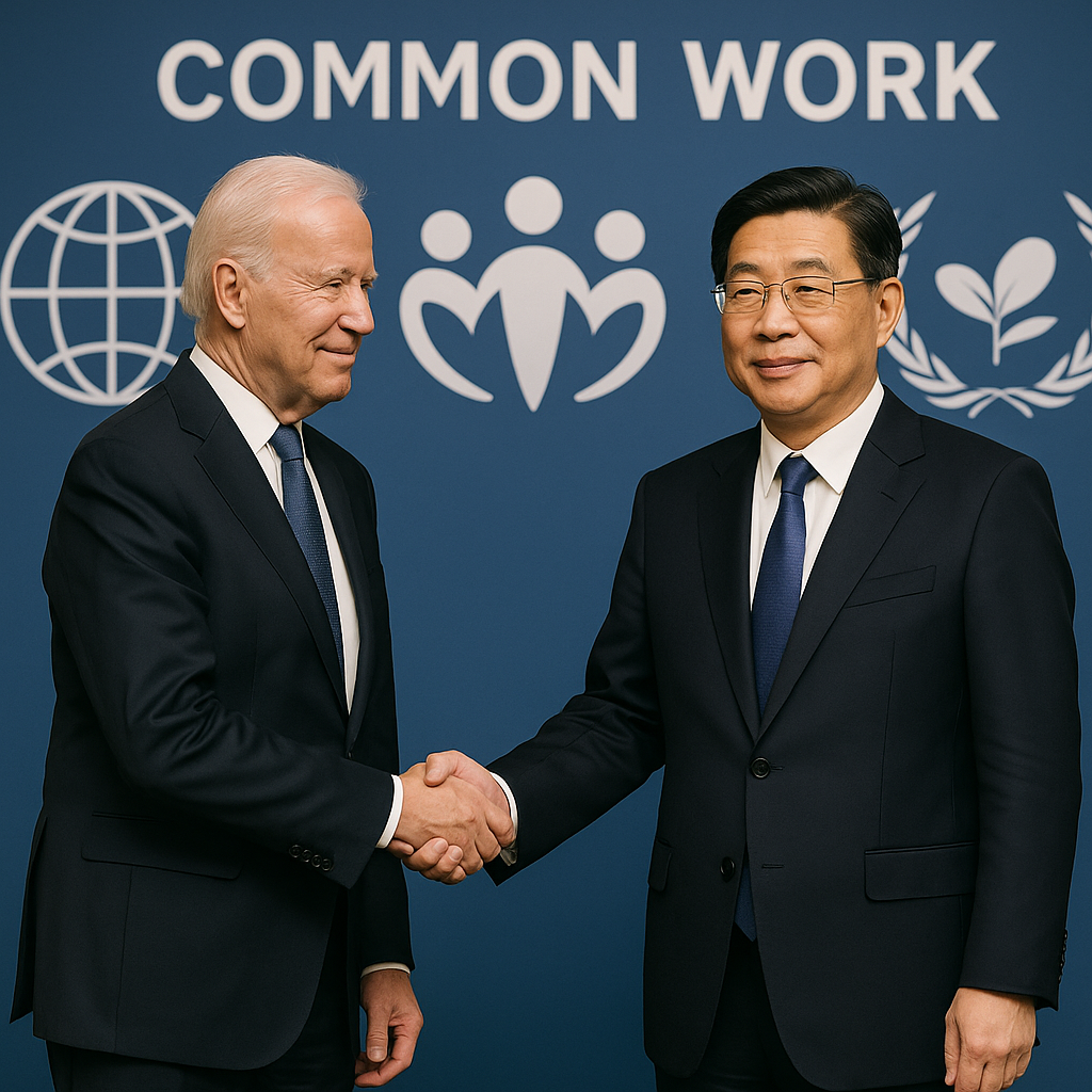 Diplomatic leaders shaking hands in front of a backdrop displaying camaraderie slogans, such as 