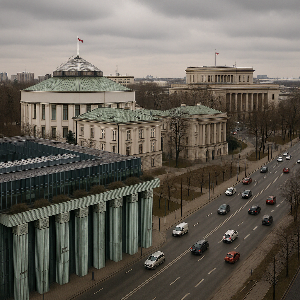 A bird's-eye view of Warsaw government buildings, with a solemn atmosphere, to set the gravity of the investigation