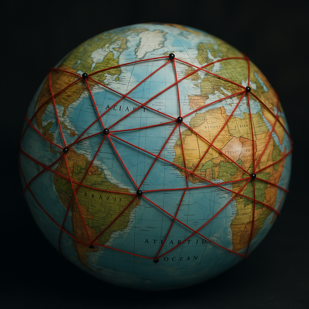 A symbolic representation of a tangled globe with interconnected threads to depict international networks