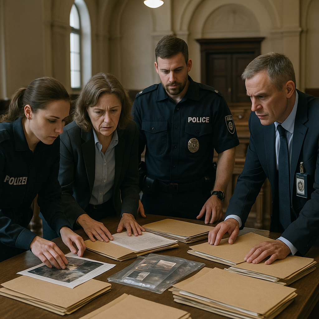 Law enforcement officials in a European courtroom, evidence files spread across a conference table for dramatic effect
