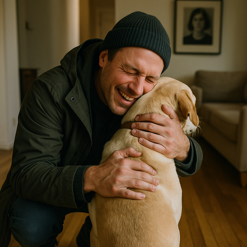 A heartwarming pet-owner reunion in a home with a Ring Doorbell prominently visible in the background