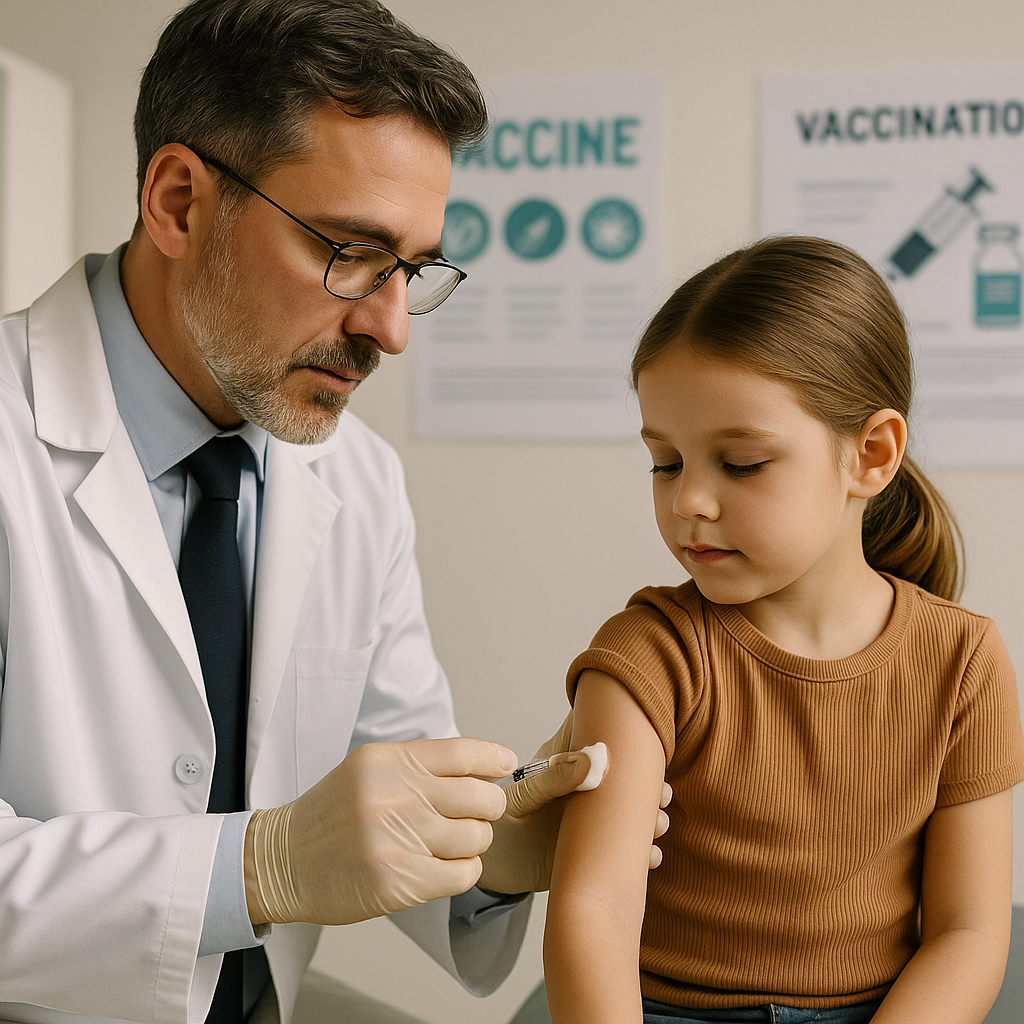 A concerned doctor administering a vaccine to a young child in a clinical setting