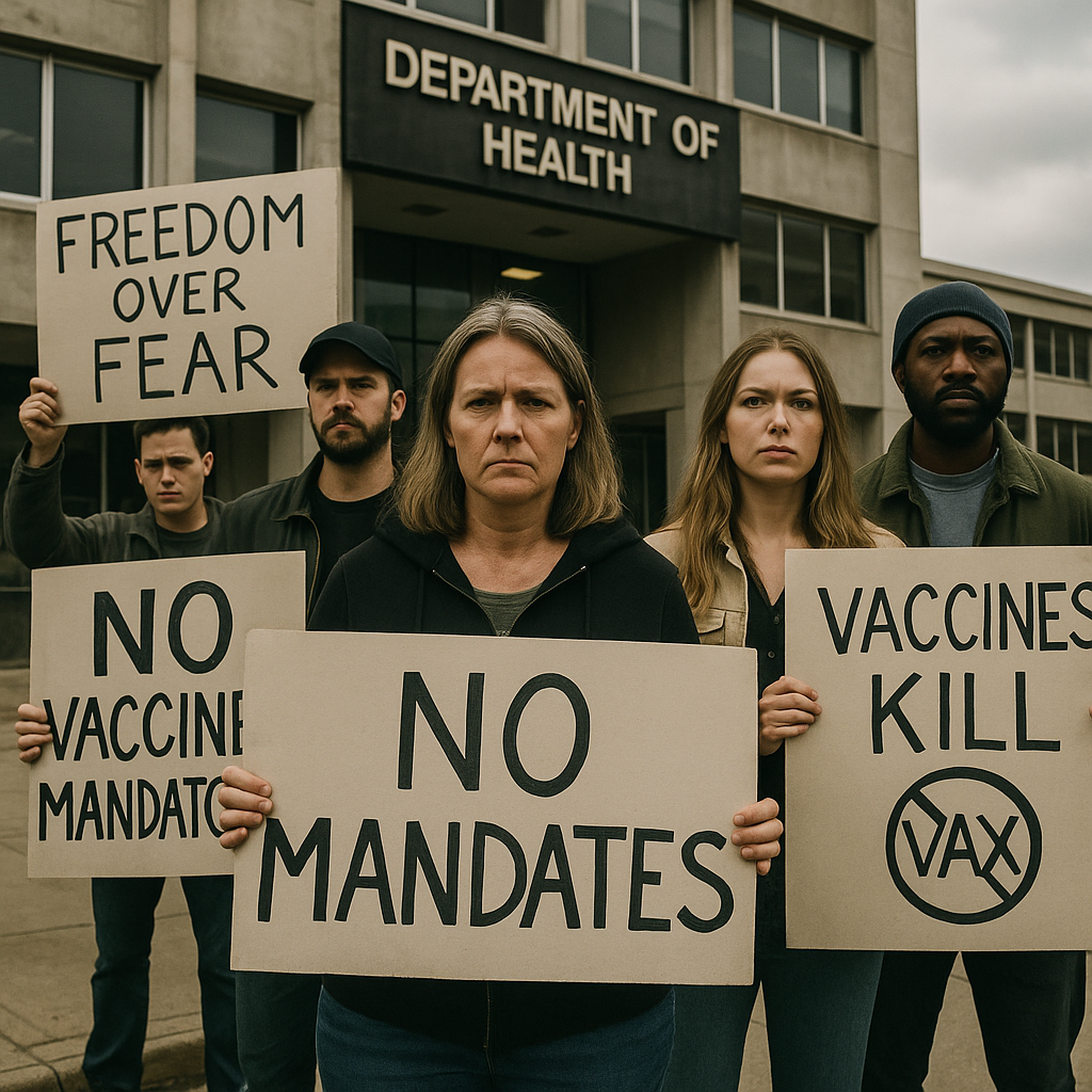 Protesters with anti-vaccine signs outside a government building