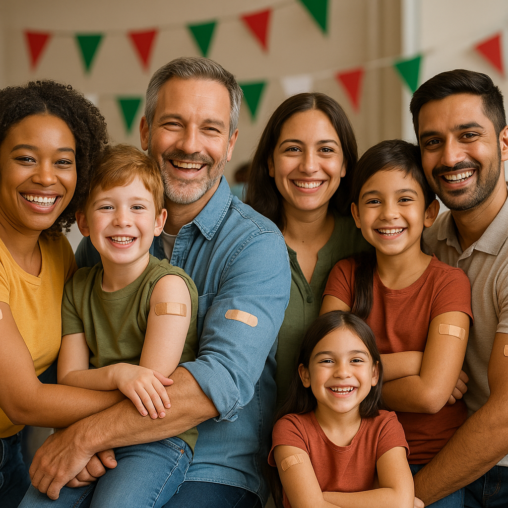 Vaccination clinic event poster featuring diverse families with children