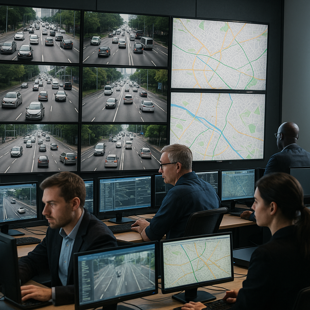A tech operator monitoring multiple vehicle feeds on computer screens in a control center