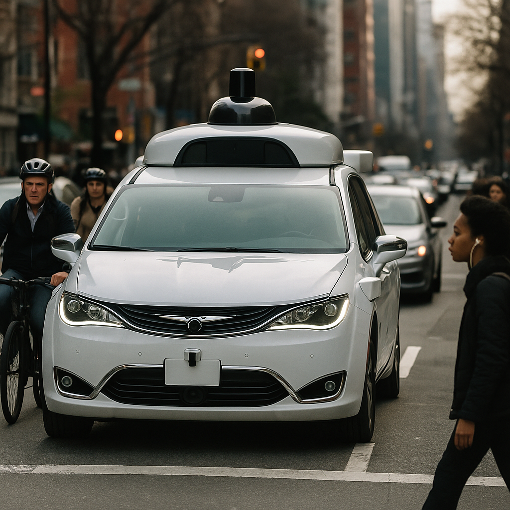A busy urban street with a Waymo car navigating among pedestrians and cyclists