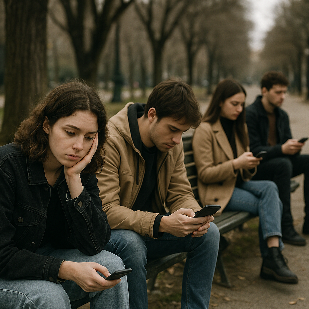 A group of young adults sitting apart on benches in a park, visibly immersed in their phones or looking downcast