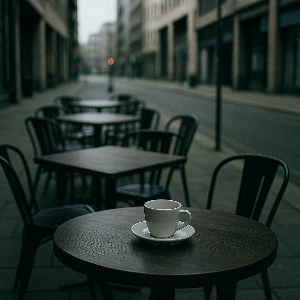 A symbolic image of an empty urban café with a lone coffee cup on the table