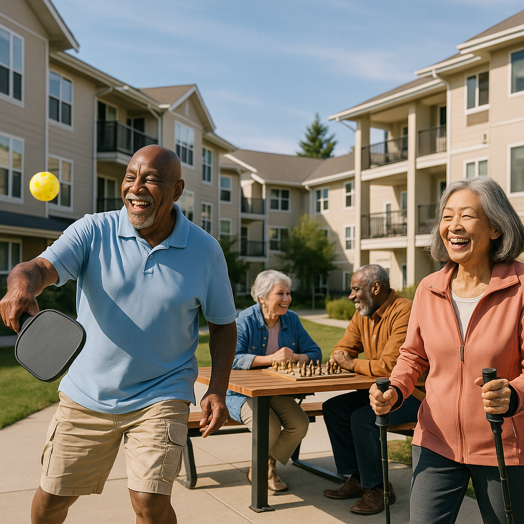 A vibrant senior community engaged in outdoor activities on a sunny day