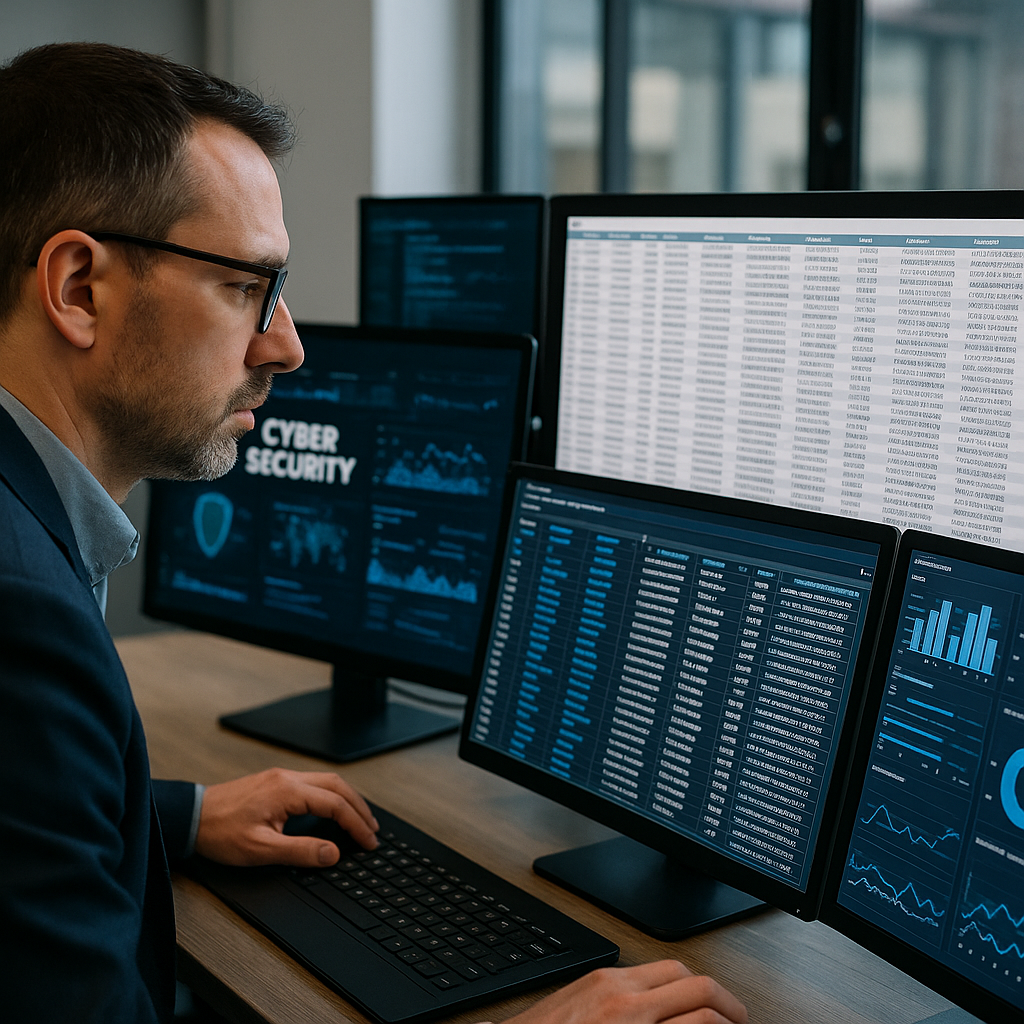 A cybersecurity professional analyzing a large database displayed on multiple monitors