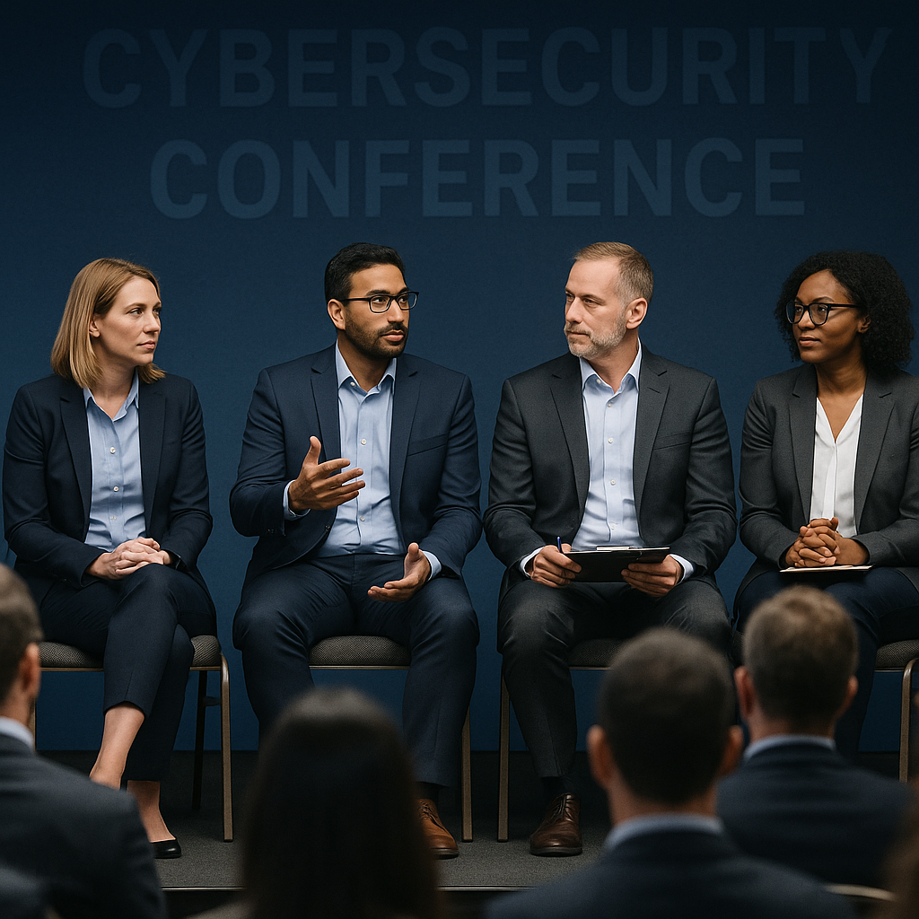 A cybersecurity conference showing experts giving a lecture on modern data protection strategies