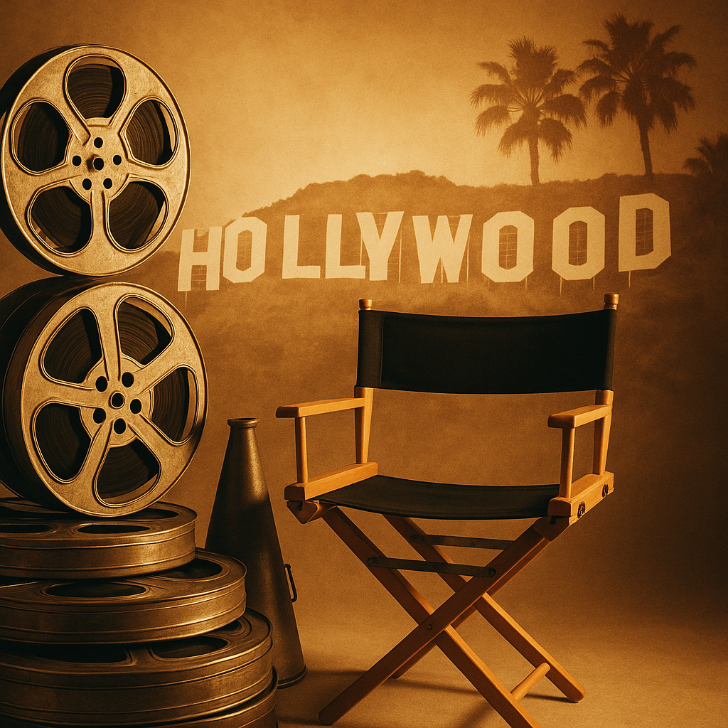 Symbolic representation of film reels and director’s chair with warm lighting