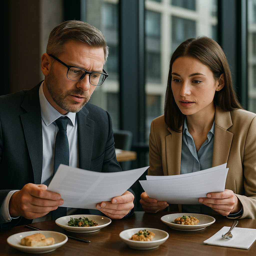 A corporate manager and assistant seated at a business lunch, reviewing documents