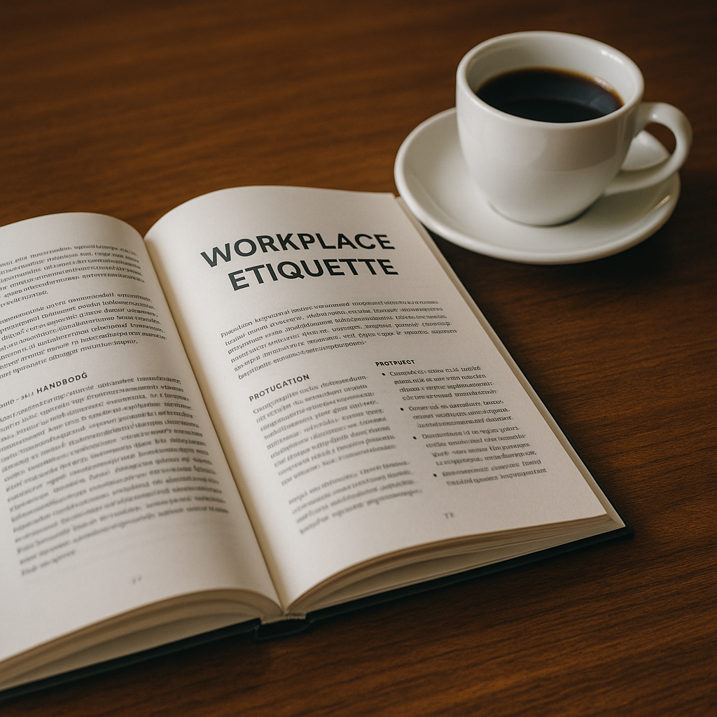 A close-up of a professional handbook on workplace etiquette, lying on a table with a coffee mug