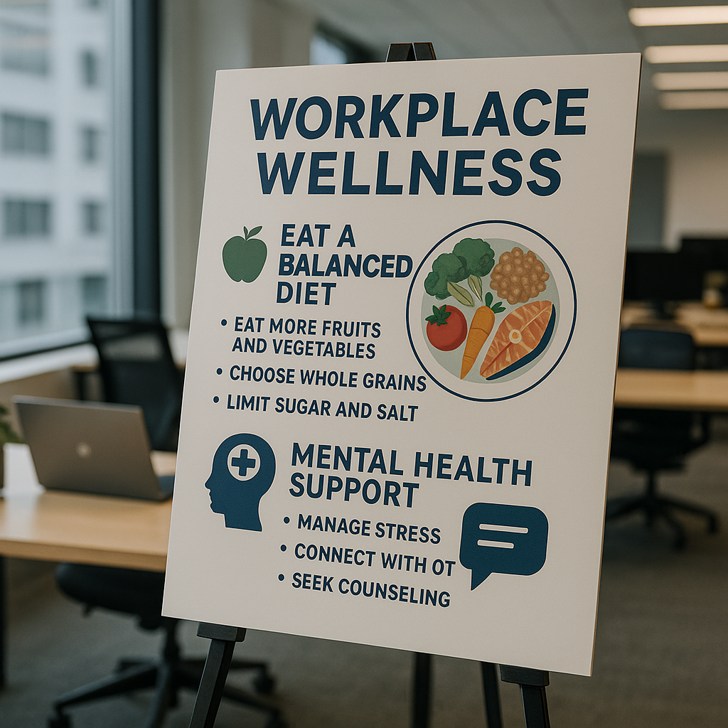 A workplace wellness program poster featuring tips for balanced nutrition and mental health