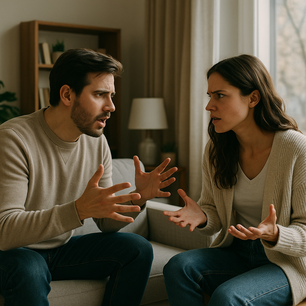 A couple having a heated argument in their living room