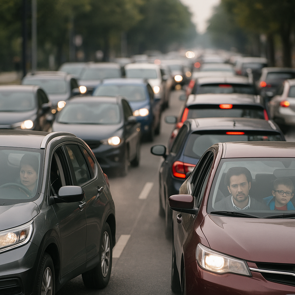 Traffic congestion on a morning commute with parents ferrying kids
