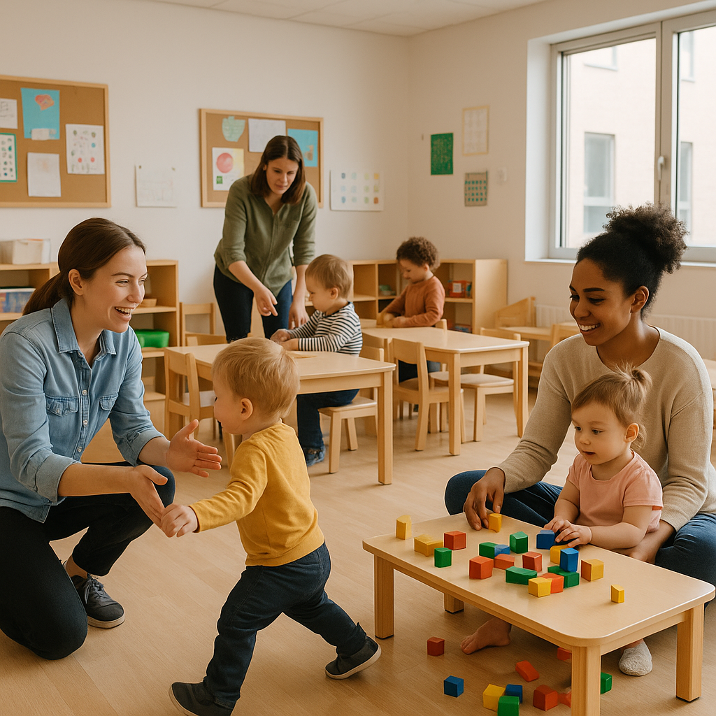 A daycare facility filled with active children and engaged caregivers