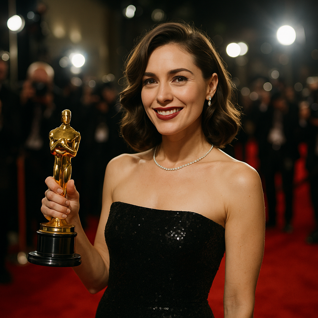 Amy Madigan holding her Oscar statue on the red carpet