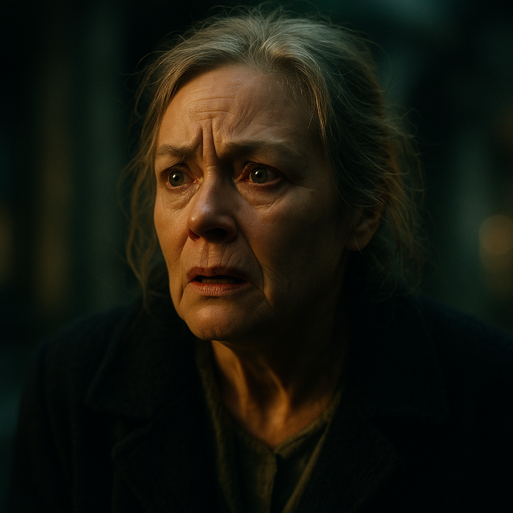 Film still of Amy Madigan in 'Weapons,' in a tense and emotional scene