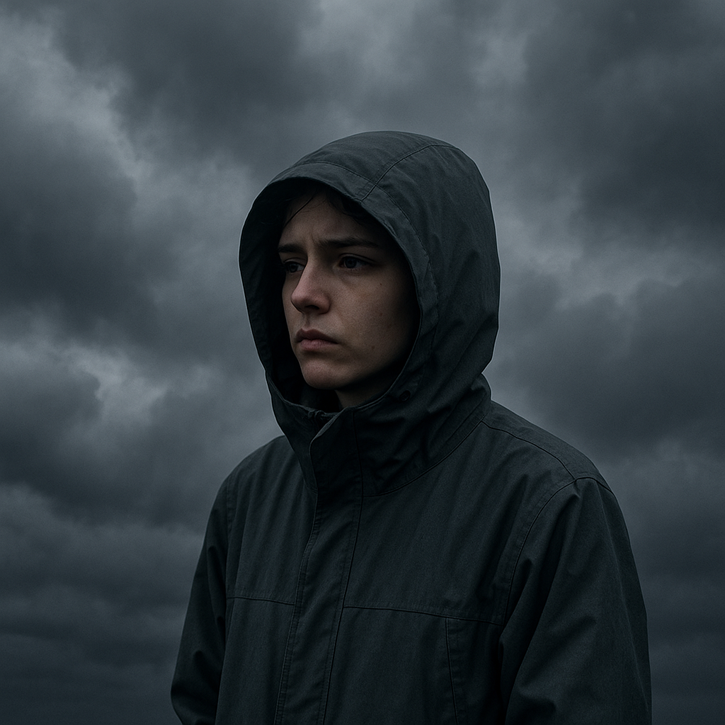 A somber image of Buckingham Palace, shrouded in gray clouds