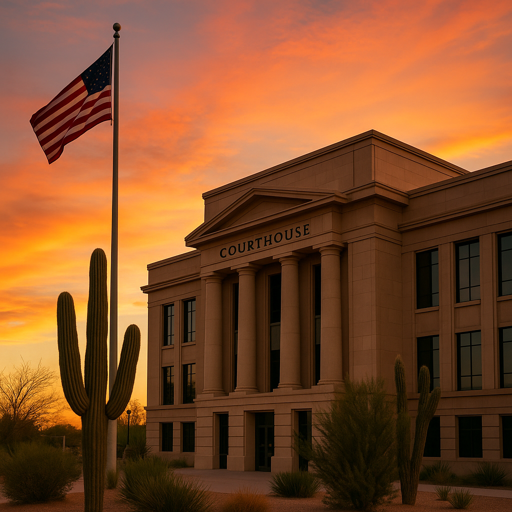 Arizona courthouse exterior during sunset