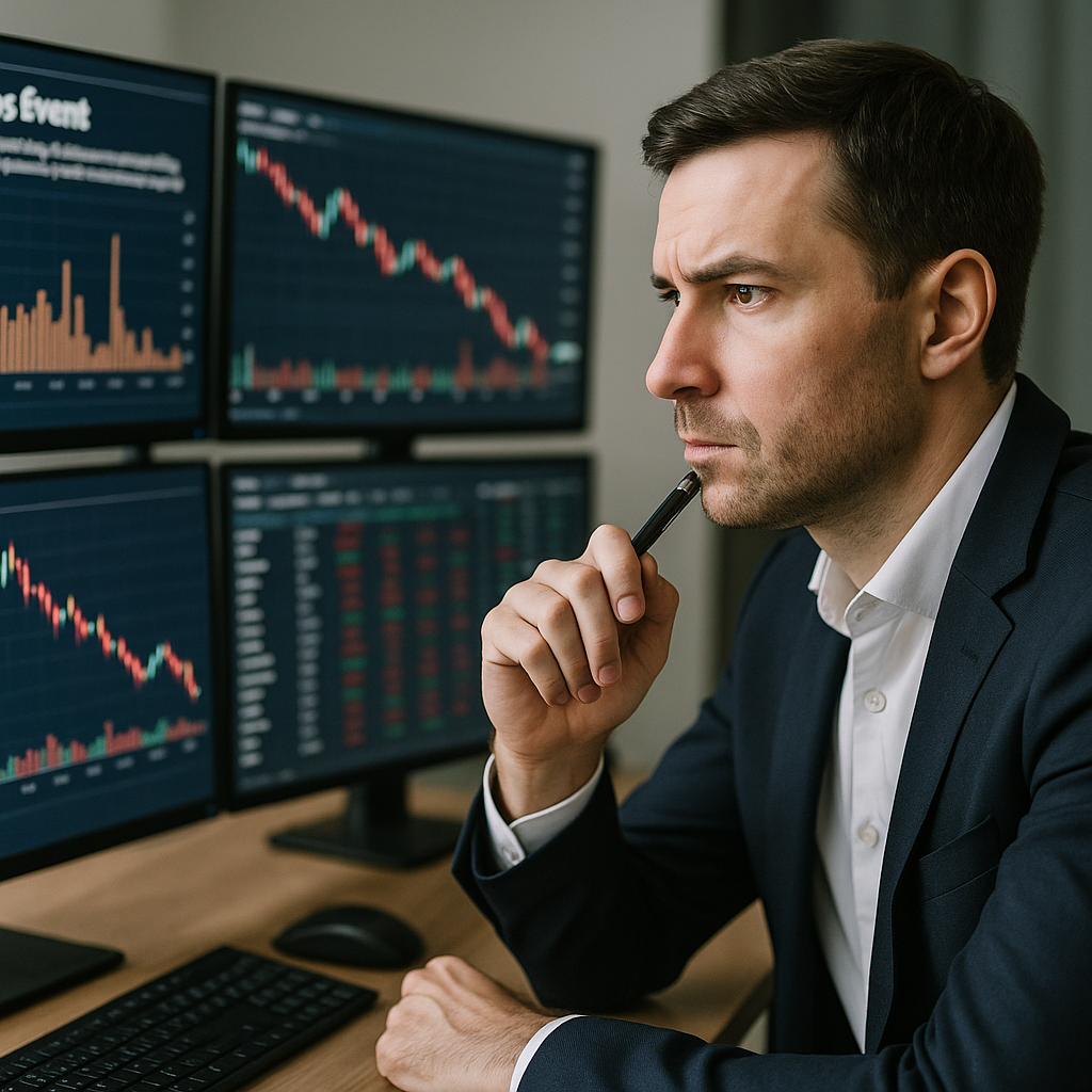 A person analyzing data on multiple screens, representing financial markets