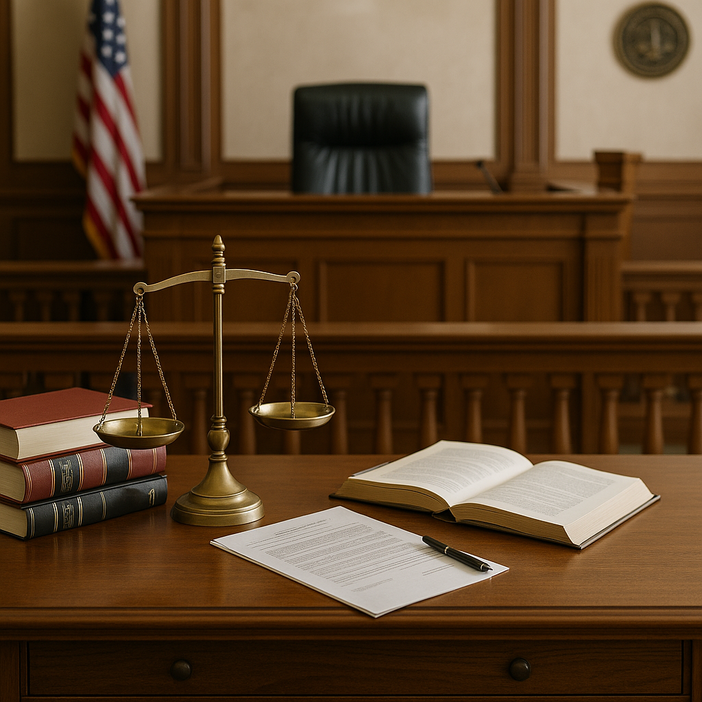 A courtroom interior with legal books and documents on a polished wooden desk