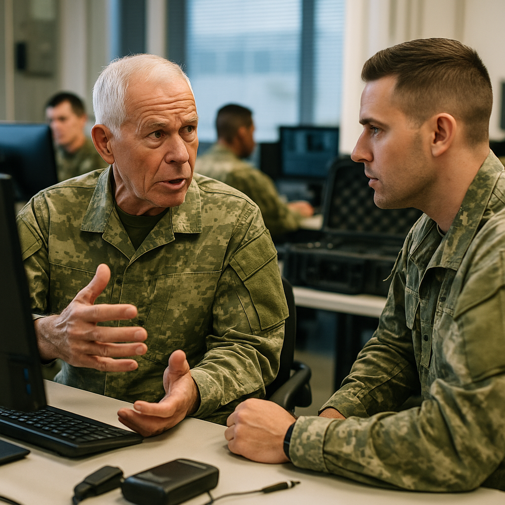 An older recruit discussing technical skills with an officer at a training center