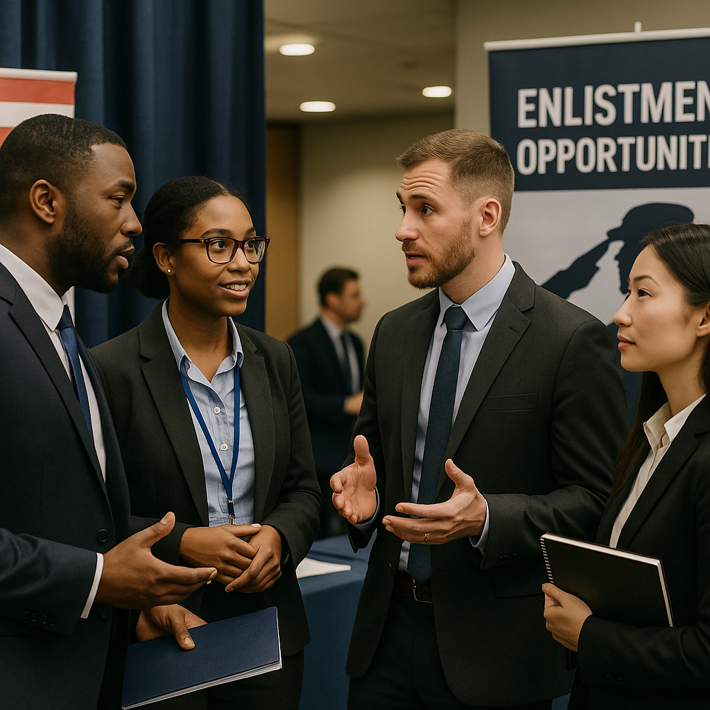 A diverse group of individuals in professional attire discussing enlistment opportunities at a recruitment event