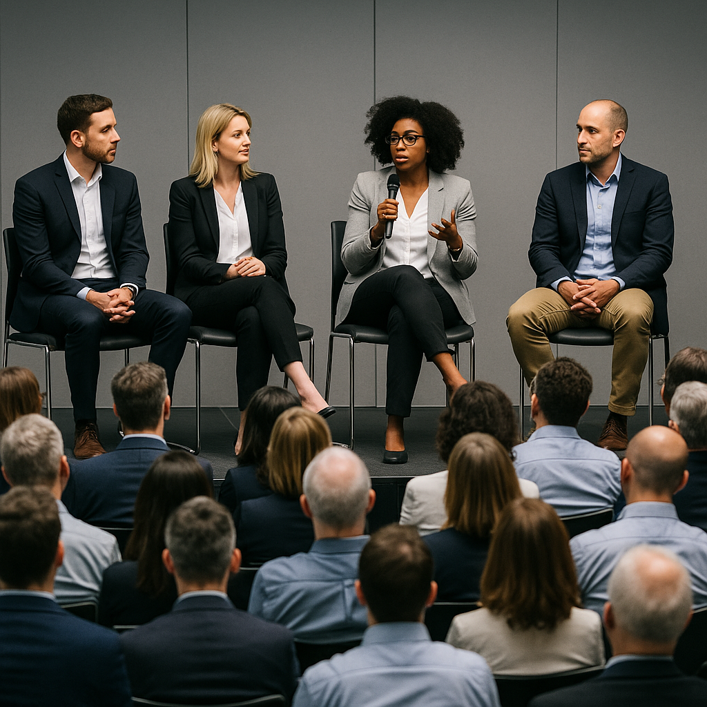 Panel discussion at a conference showing engaged audience members