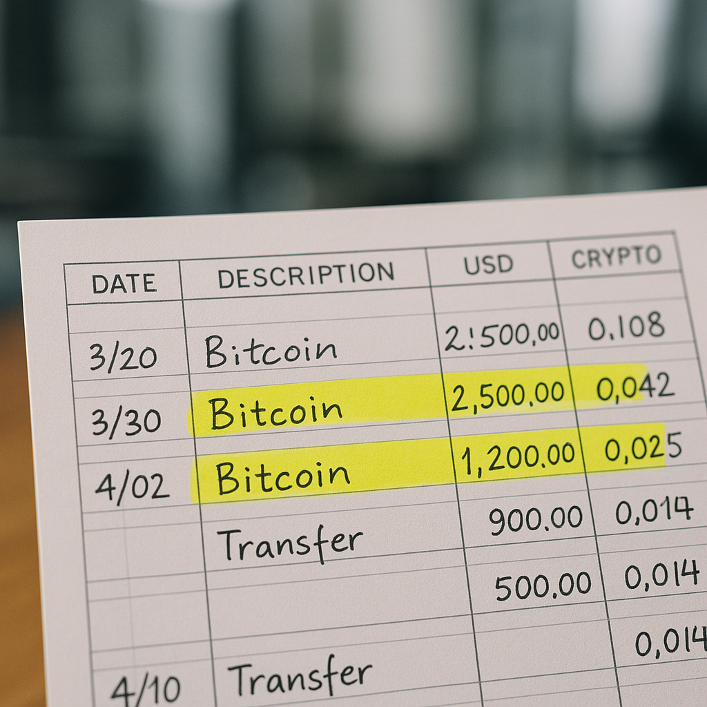 A ledger or financial report with Bitcoin-related terms highlighted