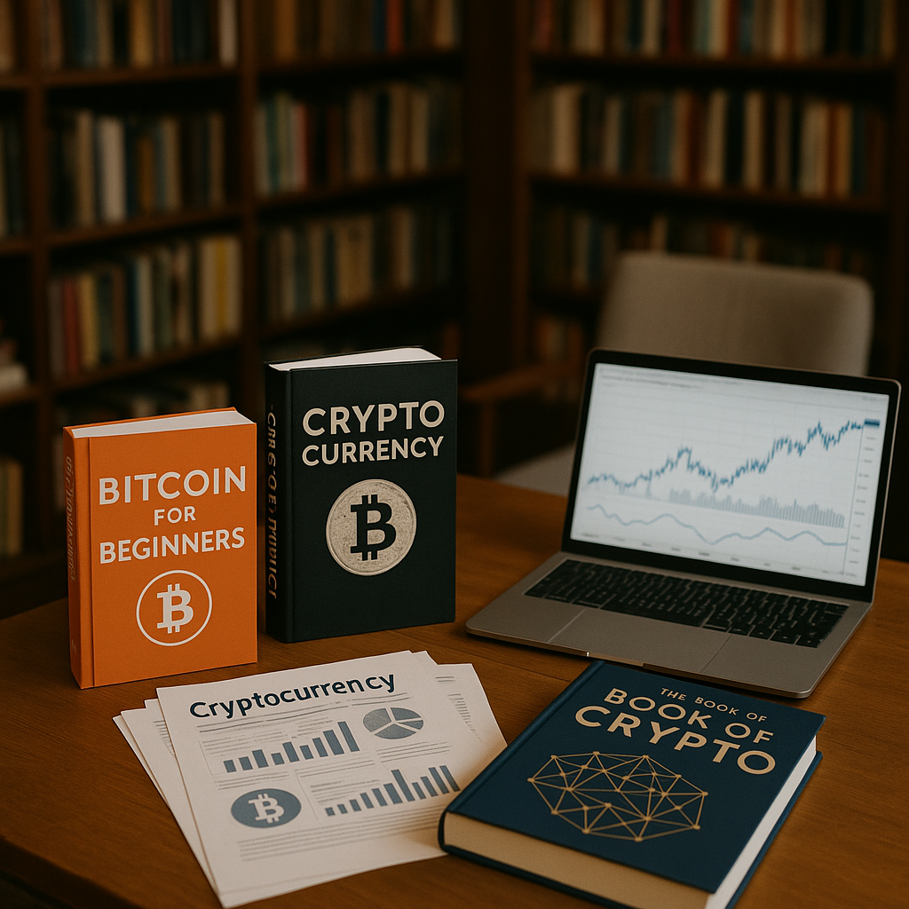 A library or workspace showcasing documents and books related to cryptocurrency research